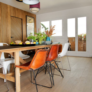 Cette photo montre une salle à manger tendance de taille moyenne avec un sol en bois clair et un sol beige.