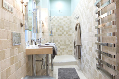 Design ideas for a medium sized classic shower room bathroom in Other with a walk-in shower, beige tiles, travertine tiles, ceramic flooring, a console sink, marble worktops, beige floors, beige cabinets, beige walls, an open shower, beige worktops and beaded cabinets.