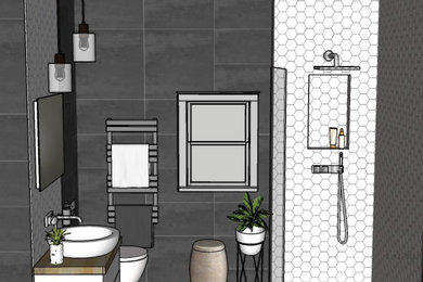 Cette photo montre une salle d'eau tendance de taille moyenne avec un placard à porte plane, des portes de placard blanches, une douche à l'italienne, WC suspendus, un carrelage noir, mosaïque, un mur noir, sol en béton ciré, une vasque, un plan de toilette en surface solide, un sol noir, aucune cabine, un plan de toilette noir, meuble simple vasque et meuble-lavabo suspendu.