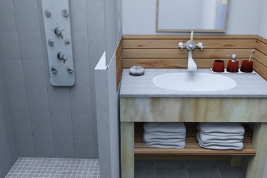 Ejemplo de cuarto de baño principal extra grande con puertas de armario de madera clara, ducha a ras de suelo, baldosas y/o azulejos blancos, paredes blancas, lavabo bajoencimera y ducha abierta