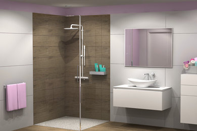 Inspiration för ett litet funkis badrum med dusch, med en kantlös dusch, vit kakel, keramikplattor, klinkergolv i keramik, ett nedsänkt handfat och laminatbänkskiva