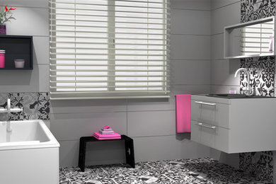 Inspiration för ett mellanstort funkis en-suite badrum, med ett undermonterat badkar, svart och vit kakel, keramikplattor, ett konsol handfat och bänkskiva i glas
