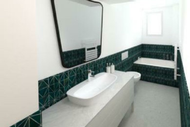 Idées déco pour une salle de bain contemporaine de taille moyenne pour enfant avec une baignoire encastrée, une douche à l'italienne, un carrelage vert, du carrelage en marbre, un sol en terrazzo, une vasque, un plan de toilette en marbre et un sol beige.