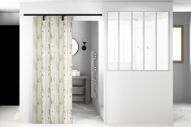 Réalisation d'une petite salle d'eau design en bois clair avec un placard sans porte, une douche à l'italienne, un carrelage gris, des carreaux de béton, un mur blanc, carreaux de ciment au sol, un lavabo posé, un plan de toilette en bois, un sol gris et aucune cabine.