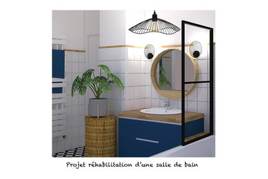 Idée de décoration pour une petite salle de bain principale marine avec meuble simple vasque.