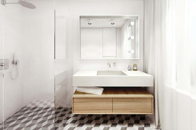 Inspiration pour une petite salle de bain principale design avec une douche à l'italienne, WC suspendus, un carrelage blanc, des carreaux de céramique, un mur blanc, carreaux de ciment au sol, une grande vasque, un sol gris, aucune cabine et un plan de toilette blanc.