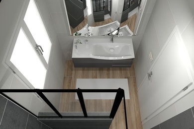 Diseño de cuarto de baño industrial de tamaño medio con ducha abierta, paredes grises, suelo de baldosas de cerámica, aseo y ducha, lavabo de seno grande y suelo marrón