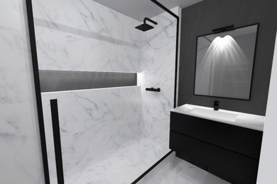 Foto de cuarto de baño contemporáneo pequeño con aseo y ducha