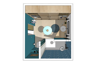Modelo de cuarto de baño único costero de tamaño medio con puertas de armario beige, ducha a ras de suelo, sanitario de pared, paredes azules, suelo de cemento, aseo y ducha, lavabo encastrado, suelo beige y ducha abierta