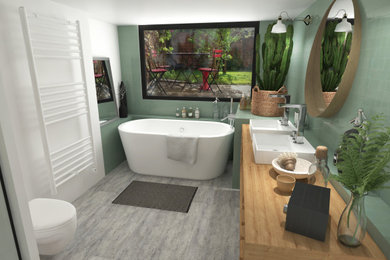 Idées déco pour une petite salle de bain principale avec une baignoire posée, une douche à l'italienne, un carrelage vert, un mur vert, un sol en linoléum, une vasque, un plan de toilette en bois, une cabine de douche à porte battante et meuble double vasque.
