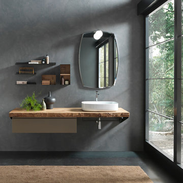 Salle de bain sur-mesure, plan vasque bois, style naturel, showroom Nolte Antony