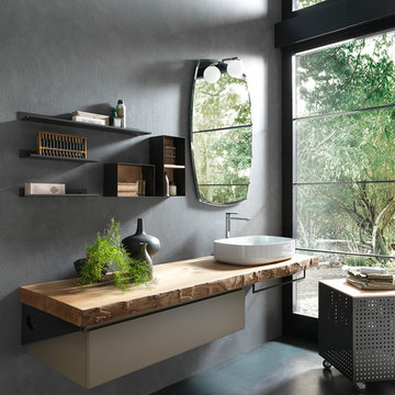 Salle de bain sur-mesure, plan vasque bois, style naturel, showroom Nolte Antony