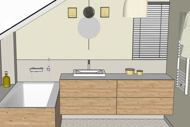 Idées déco pour une petite salle de bain principale scandinave avec un carrelage vert, meuble simple vasque et meuble-lavabo suspendu.