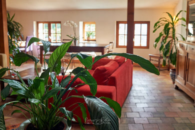 Diseño de sala de estar clásica con suelo de baldosas de terracota y suelo rojo
