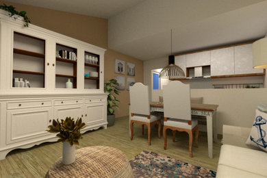 Cette image montre une petite salle de séjour marine ouverte avec un mur beige et parquet clair.