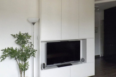 Cette photo montre une salle de séjour tendance de taille moyenne et ouverte avec un mur blanc, parquet foncé et un téléviseur encastré.