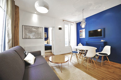 パリにあるエクレクティックスタイルのおしゃれなファミリールーム (青い壁、淡色無垢フローリング、壁掛け型テレビ) の写真