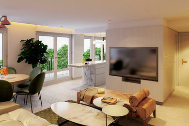Diseño de sala de estar abierta actual de tamaño medio sin chimenea con suelo de madera clara, pared multimedia y suelo blanco