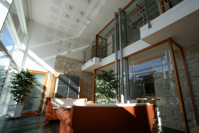 Réalisation d'une salle de séjour mansardée ou avec mezzanine design de taille moyenne avec un téléviseur fixé au mur, un mur blanc et un sol en ardoise.