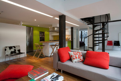 Mittelgroßes, Fernseherloses, Offenes Wohnzimmer ohne Kamin mit weißer Wandfarbe und hellem Holzboden in Paris