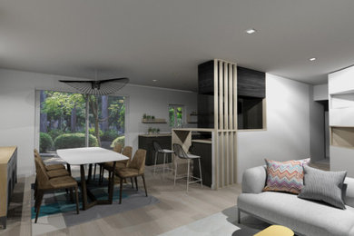 Idée de décoration pour une salle de séjour design de taille moyenne avec un mur blanc, sol en stratifié, un poêle à bois et un sol beige.