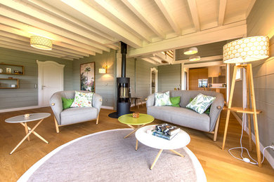 Foto de sala de estar abierta escandinava grande con paredes grises, suelo de madera clara, estufa de leña y televisor independiente