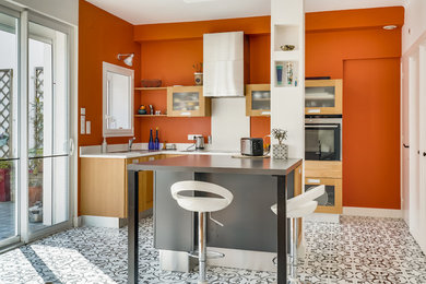 他の地域にある高級な広い地中海スタイルのおしゃれなキッチン (淡色無垢フローリング、マルチカラーの床) の写真