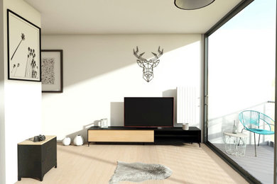 Aménagement d'une petite salle de séjour contemporaine fermée avec un mur blanc, parquet clair et un téléviseur indépendant.