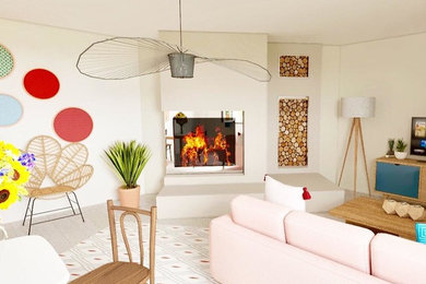 Aménagement d'une salle de séjour scandinave fermée avec un mur blanc, parquet clair, une cheminée d'angle, un manteau de cheminée en plâtre et un sol beige.