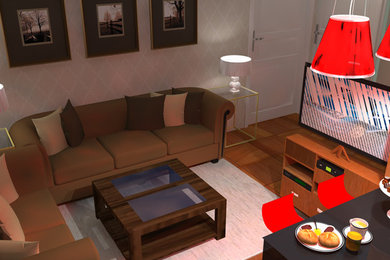 Immagine di un soggiorno chic di medie dimensioni e aperto con angolo bar, pareti beige, pavimento con piastrelle in ceramica, nessun camino, TV autoportante e pavimento marrone