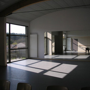 Idee per un'ampia palestra in casa minimalista con pareti bianche, pavimento in linoleum e pavimento grigio