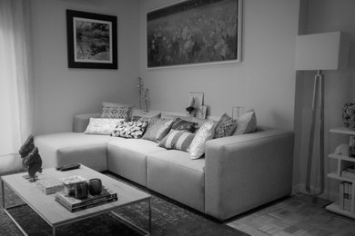 Imagen de salón actual de tamaño medio con paredes blancas y suelo de madera en tonos medios