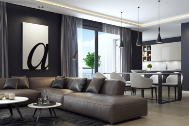Diseño de salón abierto minimalista extra grande con paredes negras, suelo de baldosas de cerámica, televisor colgado en la pared y suelo beige