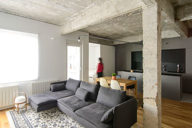 Living room - industrial open concept medium tone wood floor and brown floor living room idea in Bilbao with white walls