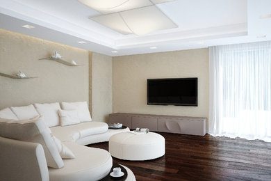 Foto de salón para visitas abierto actual grande sin chimenea con paredes beige, suelo de madera oscura y televisor colgado en la pared