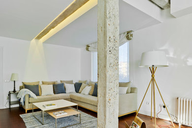 Diseño de salón para visitas abierto actual de tamaño medio sin chimenea con paredes blancas y suelo de madera en tonos medios