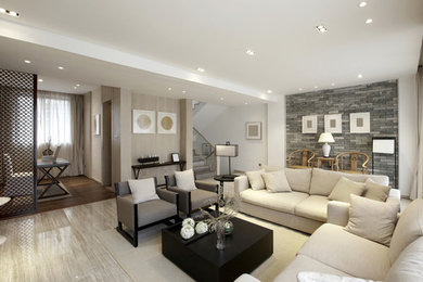 Imagen de salón para visitas abierto minimalista grande sin chimenea y televisor con paredes blancas