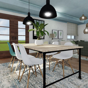 Diseño e interiorismo en 3D de salón comedor en Alicante, de estilo nórdico-boho