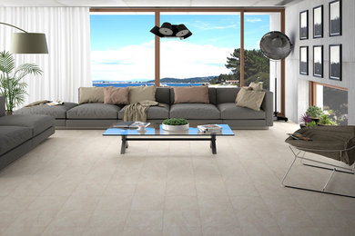 Diseño de salón abierto minimalista grande con suelo de baldosas de cerámica