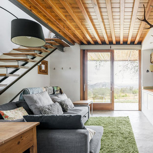 Imagen de salón contemporáneo con paredes blancas, suelo de cemento, estufa de leña, marco de chimenea de piedra y suelo gris