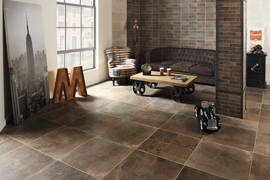 Idee per un soggiorno design con pavimento in gres porcellanato