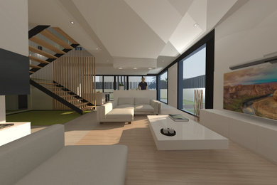 Imagen de salón abierto moderno de tamaño medio con paredes blancas, suelo de madera clara y televisor colgado en la pared