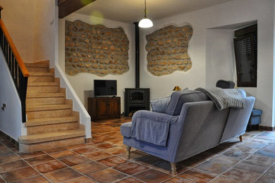 Diseño de salón abierto rural de tamaño medio con paredes blancas, suelo de baldosas de terracota, estufa de leña, marco de chimenea de piedra, televisor independiente y suelo rojo