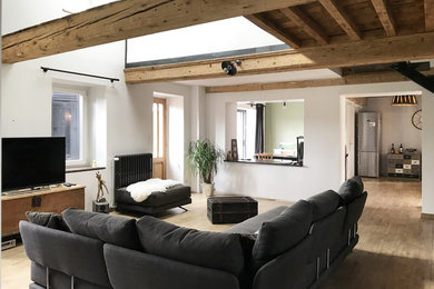 Diseño de salón abierto industrial grande con paredes blancas, suelo de madera clara, estufa de leña y televisor independiente