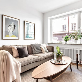 Inspiration för minimalistiska separata vardagsrum, med ett finrum, vita väggar, mellanmörkt trägolv och brunt golv