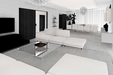 Cette image montre un salon design de taille moyenne et ouvert avec un sol en marbre, un sol beige, une salle de réception, un mur gris, aucune cheminée et un téléviseur fixé au mur.
