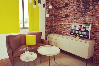 Esempio di un soggiorno industriale con pareti marroni, pavimento in legno massello medio, TV autoportante e pavimento marrone