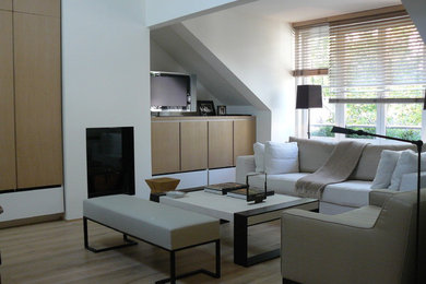 Cette image montre un salon design de taille moyenne et fermé avec un mur blanc, un sol en contreplaqué, aucune cheminée, un téléviseur indépendant et un sol marron.