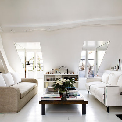 Inspiration for a large scandinavian formal painted wood floor living room remodel in Paris with white walls, no fireplace and no tv