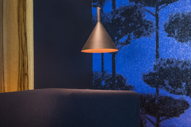 Aménagement d'un salon contemporain avec un mur bleu, moquette et un sol noir.